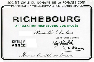 SOCIETE CIVILE DU DOMAINE DE LA ROMANEE-CONTI PROPRIETAIRE A VOSNE-ROMANEE (COTE-D'OR) FRANCE RICHEBOURG APPELLATION RICHEBOURG CONTROLEE BOUTEILLES RECOLTEES BOUTEILLE NO ANNEE LES ASSOCIES-GERANTS HENRI-FREDERIC ROCH A. DE VILLAINE MISE EN BOUTEILLE AU DOMAINE