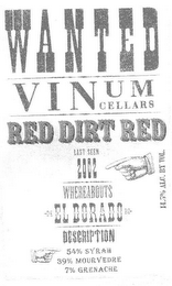 WANTED VINUM CELLARS RED DIRT RED LAST SEEN 2002 WHEREABOUTS EL DORADO DESCRIPTION 54% SYRAH 39% MOURVEDRE 7% GRENACHE 14.5 ALC. BY VOL.