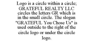 LOGO IS A CIRCLE WITHIN A CIRCLE; GRATEFUL REALTY LLC CIRCLES THE LETTERS GR WHICH IS IN THE SMALL CIRCLE. THE SLOGAN "GRATEFUL YOU CHOSE US" IS USED OUTSIDE TO THE RIGHT OF THE CIRCLE LOGO OR UNDER THE CIRCLE LOGO.