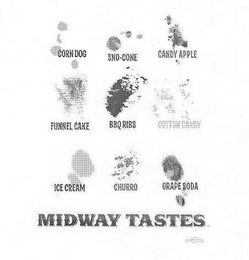 MIDWAY TASTES, CORN DOG, SNO-CONE, CANDY APPLE, FUNNEL CAKE, BBQ RIBS, COTTON CANDY, ICE CREAM, CHURRO, GRAPE SODA