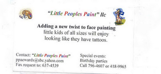 "LITTLE PEOPLES PAINT" LLC ADDING A NEW TWIST TO FACT PAINTING LITTLE KIDS OF ALL SIZES WILL ENJOY LOOKING LIKE THEY HAVE TATTOOS.