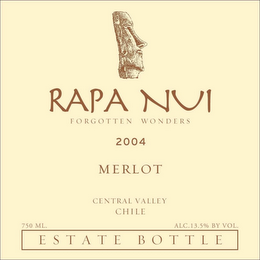 RAPA NUI FORGOTTEN WONDERS 2004 MERLOT CENTRAL VALLEY CHILE ESTATE BOTTLE 750 ML. ALC. 13.5% BY VOL.