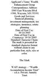 APPLICANT'S NAME: WEALTH ENHANCEMENT GROUP CORRESPONDENCE ADDRESS: 1905 EAST WAYZATA BLVD. #300, WAYZATA, MN 55391 GOODS AND SERVICES: FINANCIAL PLANNING, INVESTMENT MANAGEMENT, TAX STRATEGIES, INSURANCE, ESTATE PLANNING DATE OF FIRST USE: 10/14/2005 DATE OF FIRST USE IN COMMERCE: 10/16/2005 STANDARD CHARACTER CLAIM: THE MARK IS PRESENTED IN STANDARD CHARACTER FORMAT WITHOUT CLAIM TO ANY PARTICULAR FONT, STYLE, SIZE OR COLOR. THE MARK WAIT STRATEGY - "WEALTH ACCUMULATION INCOME TRUST" - A.K.A. PRIVATE ANNUITY TRUST