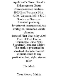 APPLICANT'S NAME: WEALTH ENHANCEMENT GROUP CORRESPONDENCE ADDRESS: 1905 EAST WAYZATA BLVD. #300, WAYZATA, MN 55391 GOODS AND SERVICES: FINANCIAL PLANNING, INVESTMENT MANAGEMENT, TAX STRATEGIES, INSURANCE, ESTATE PLANNING DATE OF FIRST USE: MAY 2003 DATE OF FIRST USE IN COMMERCE: JUNE 2003 STANDARD CHARACTER CLAIM: THE MARK IS PRESENTED IN STANDARD CHARACTER FORMAT WITHOUT CLAIM TO ANY PARTICULAR FONT, STYLE, SIZE OR COLOR. THE MARK YOUR MONEY MATRIX