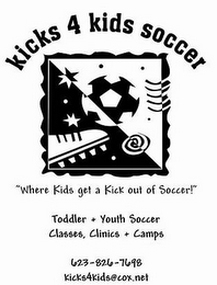 KICKS 4 KIDS SOCCER "WHERE KIDS GET A KICK OUT OF SOCCER!" TODDLER + YOUTH SOCCER CLASSES, CLINICS + CAMPS 623-826-7698 KICKS4KIDS@COX.NET