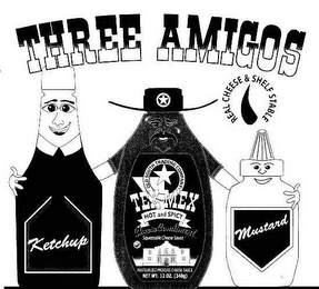 THREE AMIGOS TEX-MEX HOT AND SPICY OLD SOUTH TRADING COMPANY SQUEEZABLE CHEESE SAUCE, CHEESE CONDIMENT, PASTEURIZED PROCESS CHEESE SAUCE, NET WT. 12 OZ (340G), REAL CHEESE & SHELF STABLE KETCHUP MUSTARD