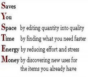 SAVES YOU SPACE BY EDITING QUANTITY INTO QUALITY TIME BY FINDING WHAT YOU NEED FASTER ENERGY BY REDUCING EFFORT AND STRESS MONEY BY DISCOVERING NEW USES FOR THE ITEMS YOU ALREADY HAVE