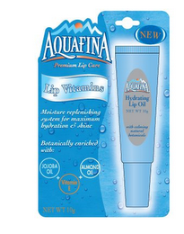 AQUAFINA LIP VITAMINS PREMIUM LIP CARE MOISTURE REPLENISHING SYSTEM FOR MAXIMUM HYDRATION & SHINE BOTANICALLY ENRICHED WITH: JOJOBA OIL + ALMOND OIL  + VITAMIN E AQUAFINA HYDRATING LIP OIL WITH CALMING NATURAL BOTANICALS