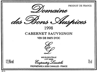 PRODUIT DE FRANCE - DOMAINE DES BONS AUSPICES 1998 CABERNET SAUVIGNON - VIN DE PAYS D'OC - E L - MIS EN BOUTEILLE - A FF 34200 - EMPERATRIZ LARRETCHE - PROPRIETAIRE A 30350 CANAULES - FRANCE - 12,5% VOL. - 75CL