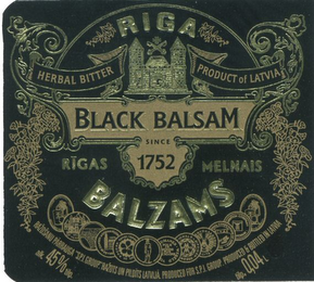 RIGA BLACK BALSAM RIGAS MELNAIS BALZAMS HERBAL BITTER PRODUCT OF LATVIA SINCE 1752 RAZOSANU PARRAUGA "SPI GROUP". RAZOTS UN PILDITS LATVIJA. PRODUCED FOR S.P.I. GROUP. PRODUCED & BOTTLED IN LATVIA ALK. 45% TILP. TILP. 0,04L