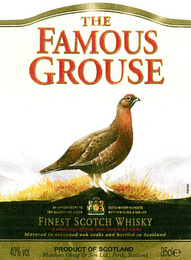 THE FAMOUS GROUSE FINEST SCOTCH WHISKY BY APPOINTMENT TO HER MAJESTY THE QUEEN SCOTCH WHISKY BLENDERS FINEST SCOTCH WHISKEY MATURED IN SEASONED OAK CASKS AND BOTTLED IN SCOTLAND 40% VOL. PRODUCT OF SCOTLAND 35 CLE AND LTD, PERTH, SCOTLAND