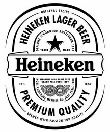 HEINEKEN EST. 1873 ORIGINAL RECIPE BREWED WITH PASSION FOR QUALITY HEINEKEN LAGER BEER PREMIUM QUALITY DIPLOME D'HONNEUR AMSTERDAM 1883 TRADE MARK HORS CONCOURS MEMBRE DU JURY PARIS 1900 MEDAILLE D'OR PARIS 1875 GRAND PRIX PARIS 1889