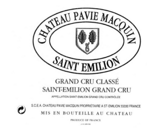 CHATEAU PAVIE MACQUIN SAINT EMILION GRAND CRU CLASSÉ SAINT-EMILION GRAND CRU APPELLATION SAINT-EMILION GRAND CRU CONTR0LE S.C.E.A. CHATEAU PAVIE MACQUIN PROPRIETAIRE A ST-EMILION 33330 FRANCE MIS EN BOUTEILLE AU CHATEAU PRODUCE OF FRANCE