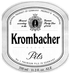 KROMBACHER PILS ORIGINAL PRODUCT OF GERMANY · PRODUIT D'ALLEMAGNE BREWED ACCORDING TO THE GERMAN PURITY LAW OF 1516 NO. 1 PREMIUM PILS IN GERMANY 330 ML · 11.2 FL. OZ. ALE