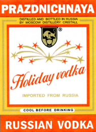 PRAZDNICHNAYA HOLIDAY VODKA RUSSIAN VODKA DISTILLED AND BOTTLED IN RUSSIA BY MOSCOW DISTILLERY CRISTALL IMPORTED FROM RUSSIA COOL BEFORE DRINKING