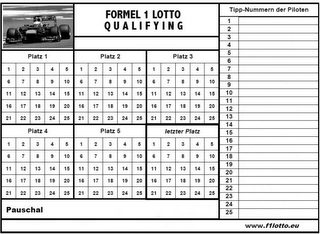 FORMEL 1 LOTTO QUALIFYING PLATZ 1 PLATZ 2 PLATZ 3 PLATZ 4 PLATZ 5 LETZTER PLATZ PAUSCHAL TIPP-NUMMERN DER PILOTEN WWW.F1LOTTO.EU