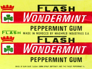 FLASH WONDERMINT PEPPERMINT GUM MADE IN MOROCCO BY MASHREB INDUSTRIES S.A. MADE OF GUM BASE, SUGAR, CORN SYRUP, SOFTENER AND THE FINEST PEPPERMING