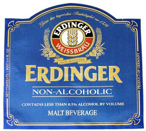 NET CONTENTS 1 PINT 0.9 FL.OZ. ERDINGER WEISSBRÄU GETREU DEM BAYERISCHEN REINHEITSGEBOT VON 1516 AUS BAYERN ERDINGER NON-ALCOHOLIC CONTAINS LESS THAN 0.5% ALCOHOL BY VOLUME MALT BEVERAGE PRODUCT OF GERMANY