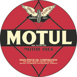 SWAN-FINCH ESTABLISHED 1853 MOTUL REG. U.S. PAT. OFF. MOTOR OILS SWAN-FINCH OIL CORPORATION NEW YORK, NEWARK, CHICAGO, BUFFALO, BOSTON, PITTSBURG, SAN FRANCISCO, TORONTO