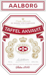 AALBORG KONGELIG HOFLEVERANDOR DE DANSKE SPRITFABRIKKER AALBORG TAFFEL AKVAVIT TAFFEL AKVAVIT KONGELIG HOFLEVERANDOR DE DANSKE SPRITFABRIKKER AALBORG KOBENHAVN AALBORG AKVAVIT  70 CL 45% VOL ISIDOR HENIUS FINESTE ORIGINALE AKVAVIT SIDEN 1846