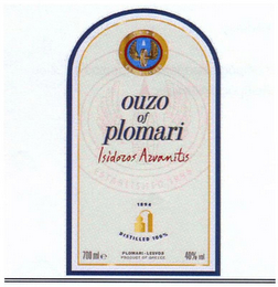 ESTABLISHED 1894 OUZO OF PLOMARI ISIDOROS ARVANITIS  ESTABLISHED 1894 1894 DISTILLED 100% PLOMARI - LESVOS PRODUCT OF GREECE 700 ML E 40% VOL