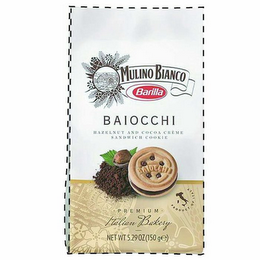 MULINO BIANCO BARILLA BAIOCCHI HAZELNUTAND COCOA CRÈME SANDWICH COOKIE PREMIUM ITALIAN BAKERY PRODUCT OF ITALY NET WT 5.29OZ(150GE)