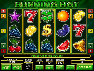 BURNING HOT 421 1 35 7  PRESS START TO RUN NEW GAME CREDIT CREDIT 10 537 CHANGE DENOM. 1 CREDIT= 0.01 USD LINES 5 BET/LINE TOTAL BET WIN 0 CASH OUT SEE PAYS HELP 5 LINES ONLY SELECT BET PLAY MAX BET AUTO START