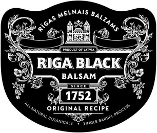 RIGAS MELNAIS BALZAMS RIGA BLACK BALSAMSINCE 1752 ORIGINAL RECIPE ALL NATURAL BOTANICALS · SINGLE BARREL PROCESS