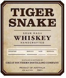 TIGER SNAKE SOUR MASH WHISKEY HANDCRAFTED SIGNATORY BATCH NO DATE BOTTLE NO DISTILLED & BOTTLED BY GREAT SOUTHERN DISTILLING COMPANY PRODUCT OF AUSTRALIA 43% ALC/ 700ML