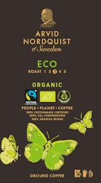 ARVID NORDQUIST OF SWEDEN ECO ROAST 1 2 3 4 5 ORGANIC FAIRTRADE CO2 COMPENSATED PEOPLE PLANET COFFEE 100% SUSTAINABLE CERTIFIED 100% CO2 COMPENSATED 100% ARABICA BEANS GROUND COFFEE