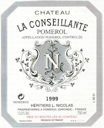 CHATEAU LA CONSEILLANTE POMEROL APPELLATION POMEROL CONTROLEE NL 1999 HERITIERS L. NICOLAS PROPRIETAIRES A POMEROL (GIRONDE) ¿ FRANCE 13,5% VOL. 750 ML MISE EN BOUTEILLES AU CHATEAU PRODUCE OF FRANCE 100/00D0380/26 L 99 011999