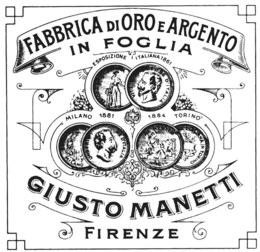 FABBRICA DI ORO E ARGENTO IN FOGLIA ESPOSIZIONE ITALIANA 1861 MILANO 1881 1884 TORINO GIUSTO MANETTI FIRENZE