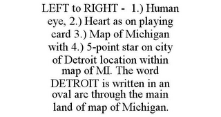 LEFT TO RIGHT - 1.) HUMAN EYE, 2.) HEART AS ON PLAYING CARD 3.) MAP OF MICHIGAN WITH 4.) 5-POINT STAR ON CITY OF DETROIT LOCATION WITHIN MAP OF MI. THE WORD DETROIT IS WRITTEN IN AN OVAL ARC THROUGH THE MAIN LAND OF MAP OF MICHIGAN.