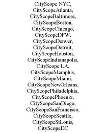 CITYSCOPE NYC, CITYSCOPEATLANTA, CITYSCOPEBALTIMORE, CITYSCOPEBOSTON, CITYSCOPECHICAGO, CITYSCOPEDFW, CITYSCOPEDENVER, CITYSCOPEDETROIT, CITYSCOPEHOUSTON, CITYSCOPEINDIANAPOLIS, CITYSCOPE LA, CITYSCOPEMEMPHIS, CITYSCOPEMIAMI, CITYSCOPENEWORLEANS, CITYSCOPEPHILADELPHIA, CITYSCOPEPHOENIX, CITYSCOPESANDIEGO, CITYSCOPESANFRANCISCO, CITYSCOPESEATTLE, CITYSCOPESTLOUIS, CITYSCOPEDC