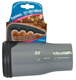 THERMAL TO-GO MUG STAYS HOT OVER 2 HOURS STAYS WT OVER 2 HOURS STAYS HOT OVER 2 HOURS BPA EASY OPEN/CLOSE PROOF LID EASY OPEN/CLOSE SPILL PROOF LID EASY OPEN/CLOSE SPILL PROOF LID EVRIHOLDER 16 OZ./0.47 L