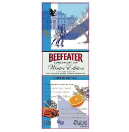 BEEFEATER LONDON DRY GIN WINTER EDITION A WINTERY GIN WITH PINE, CINNAMON, NUTMEG & SEVILLE ORANGE PEEL LIMITED EDITION A WARMING WINTRY GIN MADE FROM THE FINEST QUALITY HAND PICKED AROMATIC PINE SHOOTS SRI LANKAN CINNAMON INDONESIAN NUTMEG AND SEVILLE ORANGE PEEL 1 LITRE 40% ALC./VOL. 2FKF6002