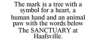 THE MARK IS A TREE WITH A SYMBOL FOR A HEART, A HUMAN HAND AND AN ANIMAL PAW WITH THE WORDS BELOW THE SANCTUARY AT HAAFSVILLE.