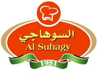 THE COLORS GOLD, YELLOW, GREEN, RED, BLACK AND WHITE ARE CLAIMED AS A FEATURE OF THE MARK. THE MARK CONSISTS OF A RED OVAL WITH A GOLD OVAL OUTLINE CONTAINING ASIAN CHARACTERS IN YELLOW WITH BLACK SHADOWING ABOVE THE TERM "AL SUHAGY" IN YELLOW WITH BLACK SHADOWING; A GREEN BANNER OUTLINED IN WHITE WITH BLACK SHADOWING CONTAINING THE NUMBER 1951 IN WHITE IS OVER THE BOTTOM PORTION OF THE OVAL; AND A RED CIRCLE OUTLINED IN WHITE CONTAINING A CHEF HAT OUTLINED IN WHITE APPEARS OVER THE TOP PORTION OF THE OVAL.