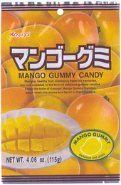 KASUGAI MANGO GUMMY CANDY MANGOS, HEALTHY FRUIT COMMONLY EATEN FOR CENTURIES, ARE NOW AVAILABLE IN THE FORM OF DELICIOUS GUMMY CANDIES. ENJOY THE TASTE OF KASUGAI MANGO GUMMY CANDIES, WHICH RETAIN THE AROMA AND FLAVOR OF FRESH MANGOS. MANGO GUMMY DELICIOUS AND JUICY NET WT. 4.06 OZ. (115G)