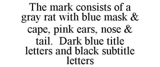 THE MARK CONSISTS OF A GRAY RAT WITH BLUE MASK & CAPE, PINK EARS, NOSE & TAIL. DARK BLUE TITLE LETTERS AND BLACK SUBTITLE LETTERS