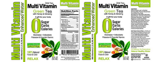 DRINK YOUR MULTI VITAMIN GREEN TEA WITH HONEY AND GINSENG A GIFT FOR YOUR BODY 0 SUGAR CARBS CALORIES ELECTROLYTES + ANTIOXIDANTS POTASSIUM & ESSENTIAL VITAMINS FOR A HEALTHY LIFESTYLE 100% NATURAL FLAVOR & COLOR RELAX MULTI VITAMIN WITH VITAMINS A, C, E, B3, B5, B6, B12 ENHANCED WATER