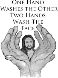 ONE HAND WASHES THE OTHER TWO HANDS WASH THE FACE