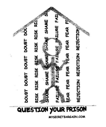 QUESTION YOUR PRISON MYSECRETBARGAIN.COM DOUBT DOUBT DOUBT DOUBT DOU RISK RISK RISK RISK RISK RISK RIS SHAME SHAME SHAME SHAME SHAME S FAILURE FAILURE FAILURE FAILURE FAIL FEAR FEAR FEAR FEAR FEAR FEAR F REJECTION REJECTION REJECTION