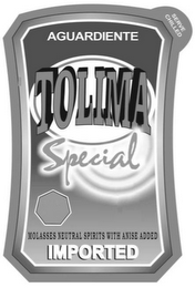 AGUARDIENTE TOLIMA SPECIAL IMPORTED MOLASSES NEUTRAL SPIRITS WITH ANISE ADDED SERVE CHILLED