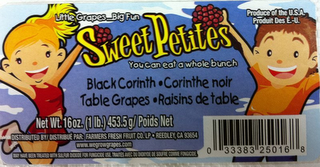 SWEETPETITIES, LITTLE GRAPES...BIG FUN. YOU CAN EAT A WHOLE BUNCH BLACK CORINTH · CORINTHE NOIR TABLE GRAPES · RAISINS DE TABLE