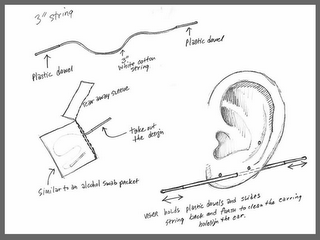 3" STRING PLASTIC DOWEL 3" WHITE COTTON STRING. PLASTIC DOWEL TEAR AWAY SLEEVE TAKE OUT THE DESIGN SIMILAR TO AN ALCOHOL SWAB PACKET USER HOLDS PLASTIC DOWELS AND SLIDES STRING BACK AND FORTH TO CLEAN THE CARRING HOLE(S) IN THE EAR.