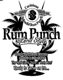 S CARIBBEAN SPLENDID RUM PUNCH RUM PUNCH ISLAND STYLE RUM WITH NATURAL FLAVORS AND FD & C RED # 40 THE REAL ISLAND TASTE... YEAH MON! READY TO SERVE ON ICE...
