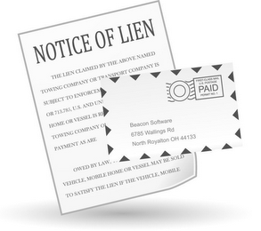 "NOTICE OF LIEN", "FIRST CLASS MAIL US POSTAGE PAID", "6785 WALLINGS RD NORTH ROYALTON OH 44133" AND "SOFTWARE"