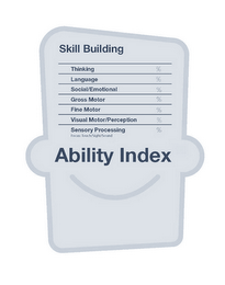 SKILL BUILDING THINKING % LANGUAGE % SOCIAL/EMOTIONAL % GROSS MOTOR % FINE MOTOR % VISUAL MOTOR/PERCEPTION % SENSORY PROCESSING % FOCUS: TOUCH/SIGHT/SOUND ABILITY INDEX