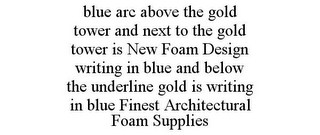 BLUE ARC ABOVE THE GOLD TOWER AND NEXT TO THE GOLD TOWER IS NEW FOAM DESIGN WRITING IN BLUE AND BELOW THE UNDERLINE GOLD IS WRITING IN BLUE FINEST ARCHITECTURAL FOAM SUPPLIES